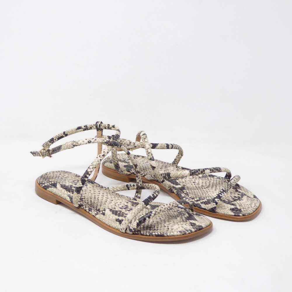 Snake-Print Strappy Flat Sandals - Neutral